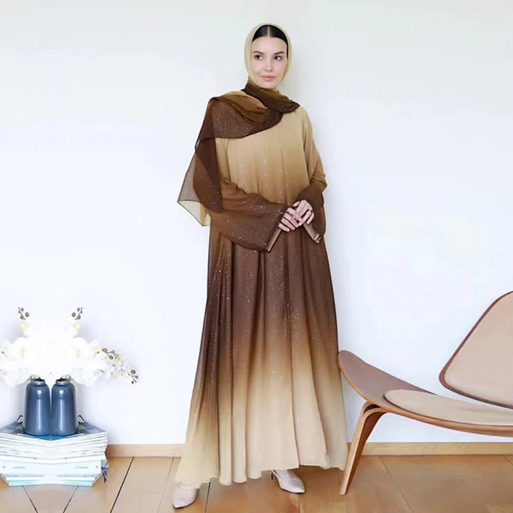 3 Piece Dubai Luxury Shiny Gradient Color Abaya Open Muslim Dresses with Scarf Chiffon Modest Robe Khimar Islamic Caftan