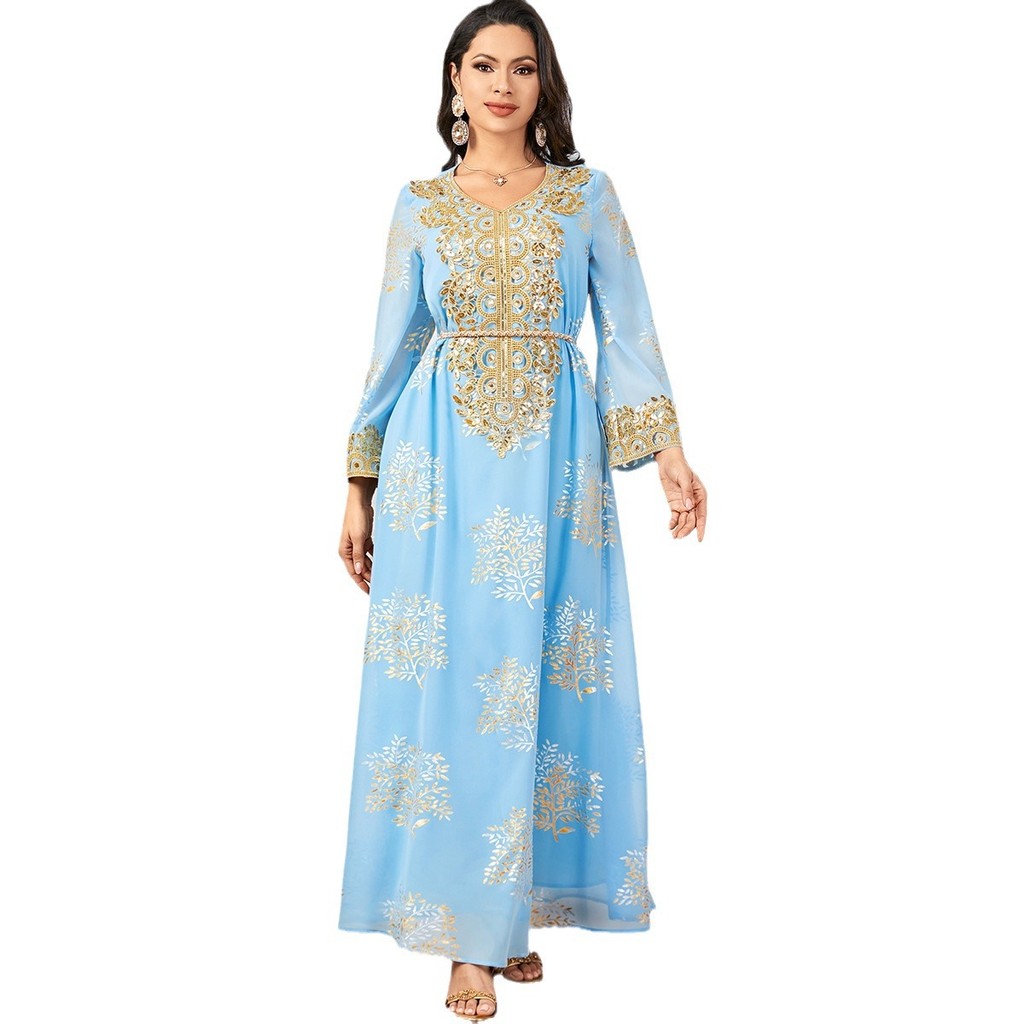 Summer Middle East Arab New Floral Gold Plated Women Dresses Party Dresses Malayu Kaftan with Customized Belt