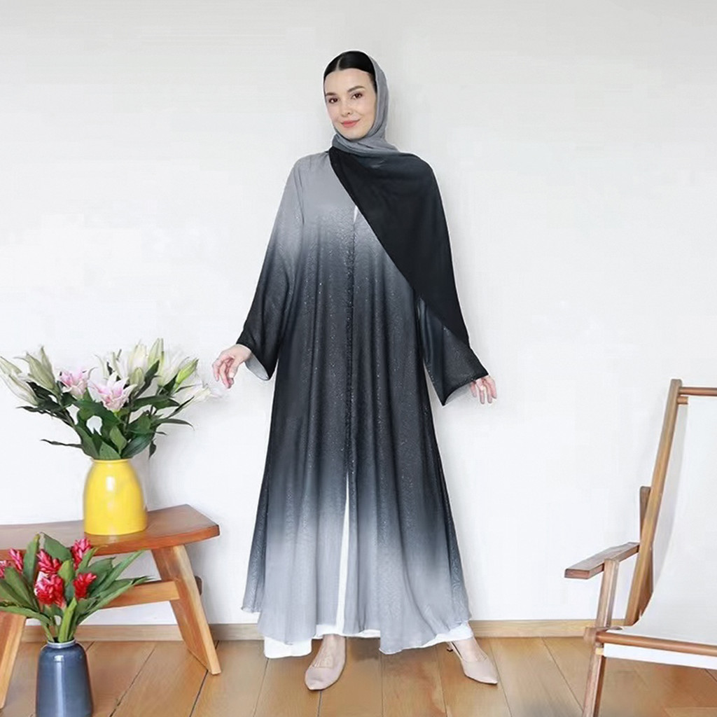 3 Piece Dubai Luxury Shiny Gradient Color Abaya Open Muslim Dresses with Scarf Chiffon Modest Robe Khimar Islamic Caftan