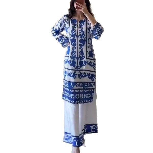 Retro Ethnic O Neck Print Long Sleeved Loose Women Suit Spring Elegant Long Top and Wide Leg Pants Set Women Clothing
