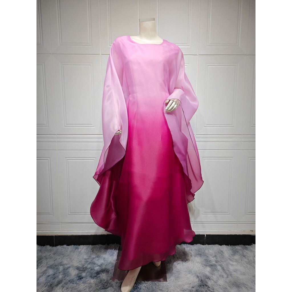 Raya Arab Satin Muslim Party Dress for Women Bat Sleeve Abaya Long Dresses Malayu Kaftan Ramadan Gown Robe
