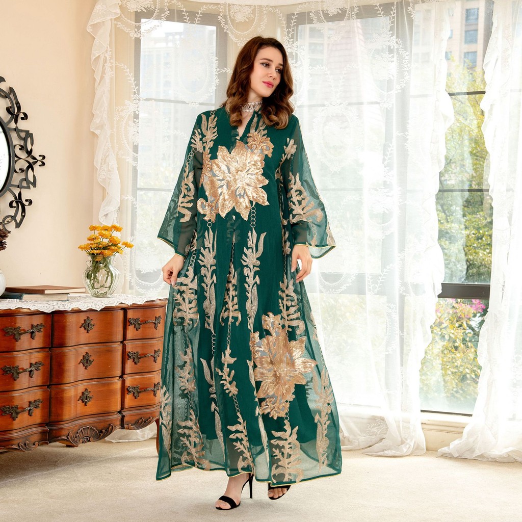 Sequins Embroidered Abaya Dress For Women Kaftan Arabic White Islamic Ethnic Robe Raya New