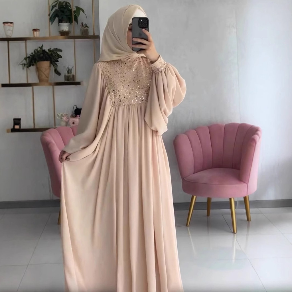 Raya Muslim Party Dress Abaya for Women Sequins Dresses Loose Kaftan Islam Arab Long Robe Ramadan Dubai