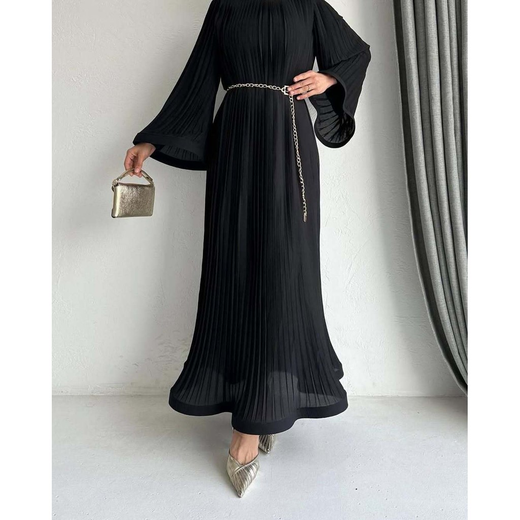 Women Long Sleeve Pleated Dresses Vintage Solid Muslim Abaya Dress Elegant Casual Loose Sundress Islamic Clothing