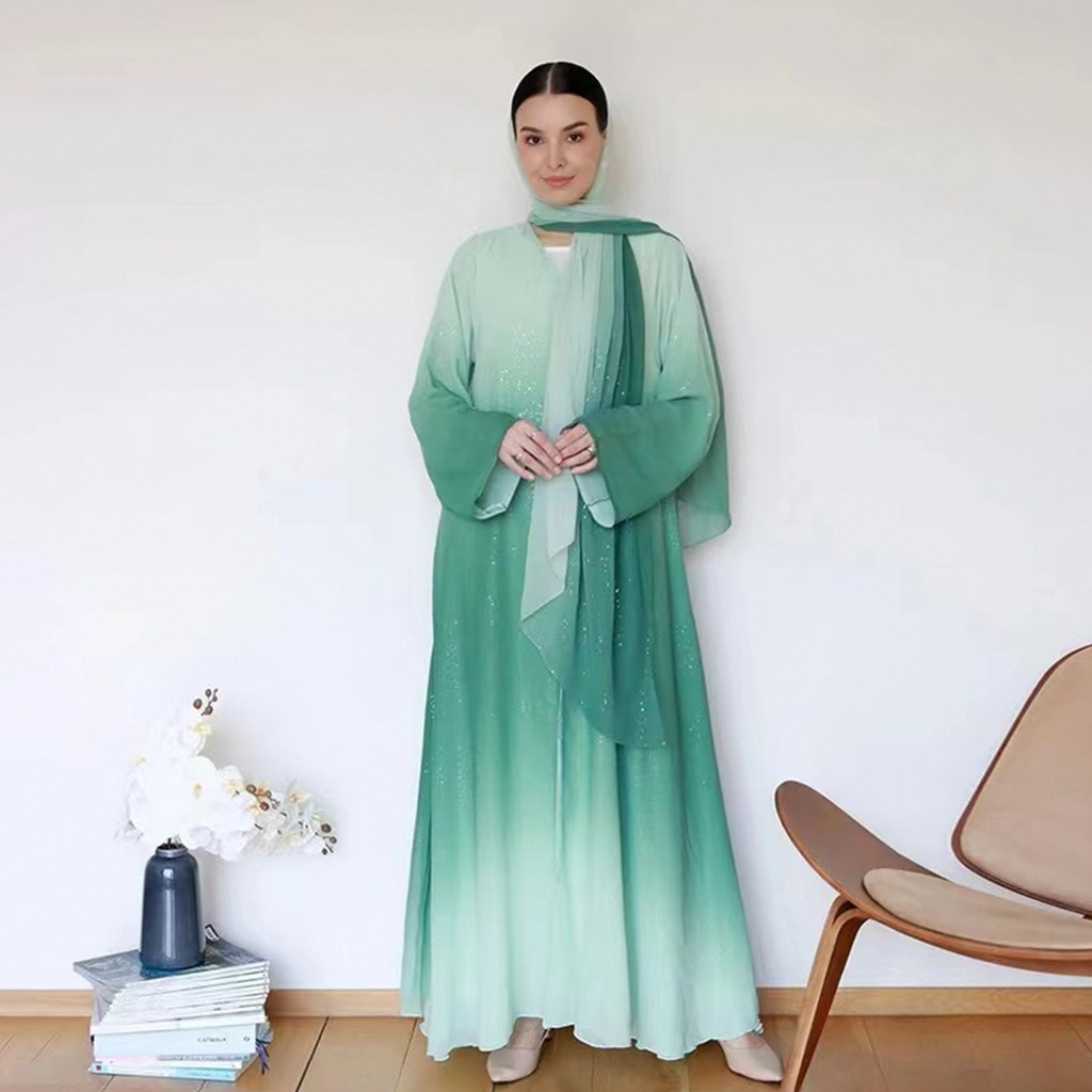 3 Piece Dubai Luxury Shiny Gradient Color Abaya Open Muslim Dresses with Scarf Chiffon Modest Robe Khimar Islamic Caftan