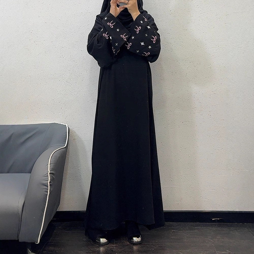 Ramadan Muslim Women Modest Dresses Kaftan Bow Embroidery Dubai Abayas Islam Raya Jubah Arab Long Robe