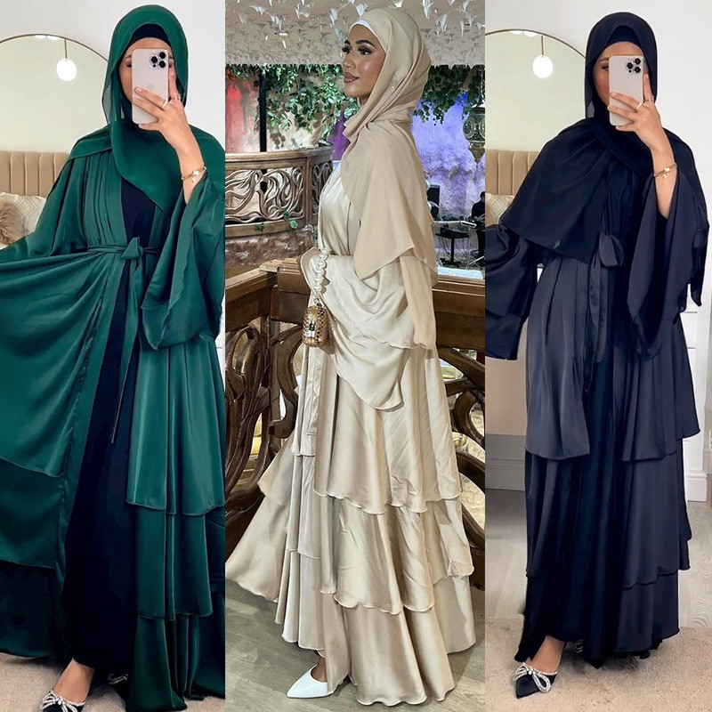Raya Abayas for Women Muslim Satin 3 Layers Ramadan Robe Cake Dress Ramadan Caftan Long Dresses Cardigan Jubah