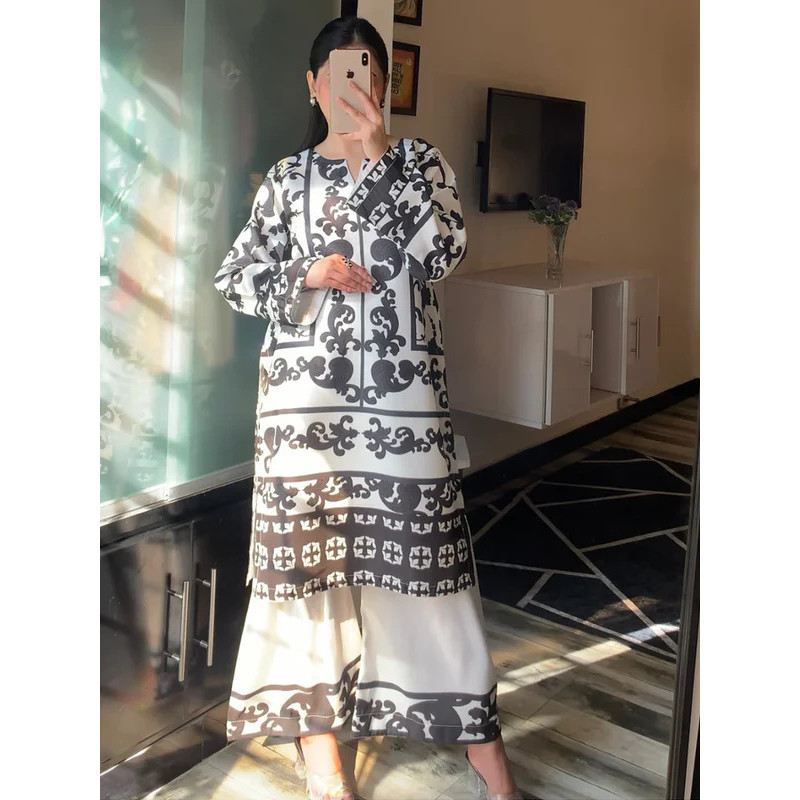 Retro Ethnic O Neck Print Long Sleeved Loose Women Suit Spring Elegant Long Top and Wide Leg Pants Set Women Clothing