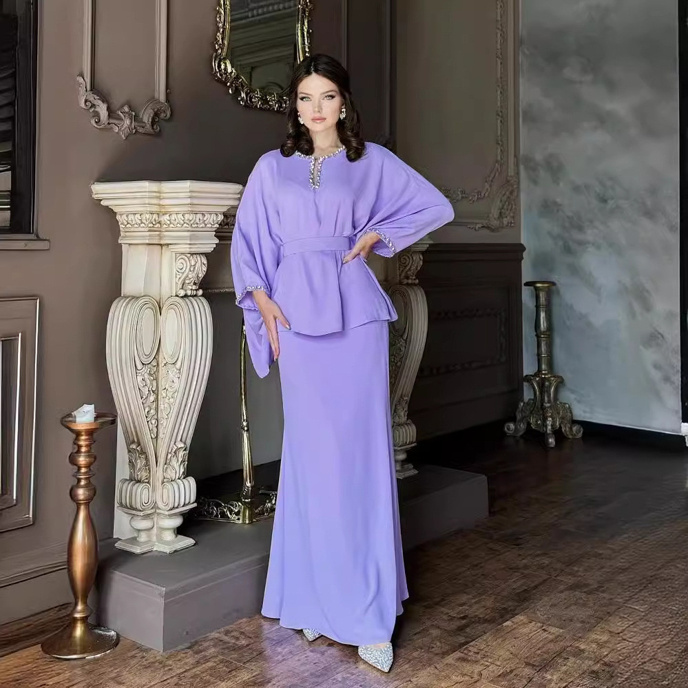 Skirt Set Women Two Piece Sets Round Neck Full Sleeve Dress Sets Tops Tight Waist Long Skirts Elegant Splice Summer