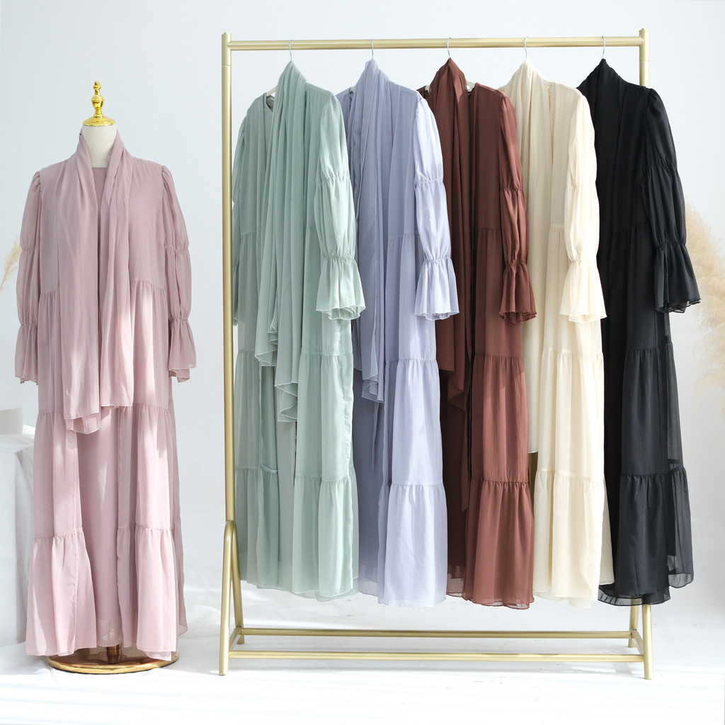 Sweet Abaya 2 & 3 Piece set, Sheer Open Abaya, Lined Inner Dress Hijabi Muslim Women Sets, Raya Ramadan Islamic Clothing