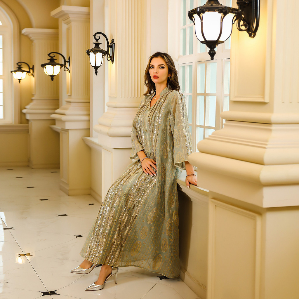 Fashion Sequin Gold Stamping Abaya V-Neck Long Sleeve Loose Dress Malay Islamic Arab Elegant Casual Clothin