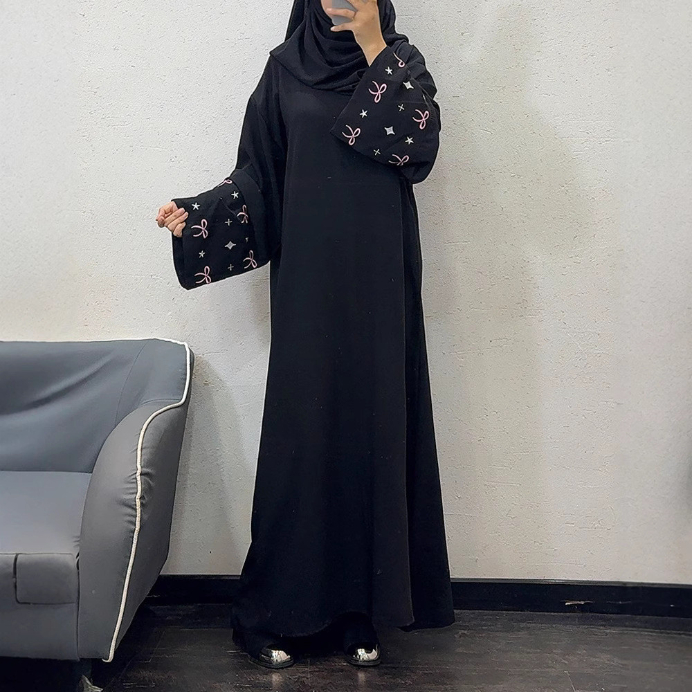 Ramadan Muslim Women Modest Dresses Kaftan Bow Embroidery Dubai Abayas Islam Raya Jubah Arab Long Robe