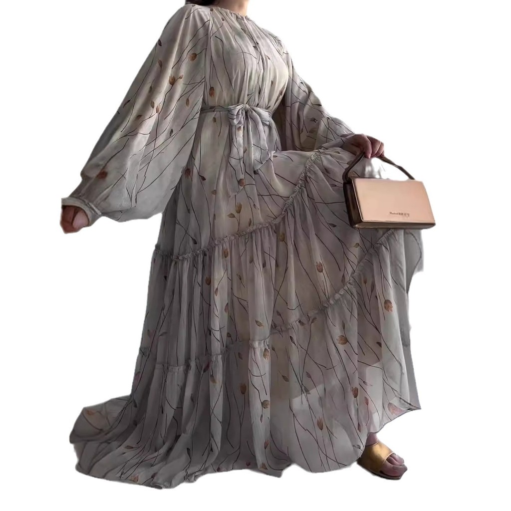 Women Dress Long Dresses A Line Casual Puff Full Sleeve Round Neck Maxi Lace Up Tight Waist Print Floral Elegant Splice