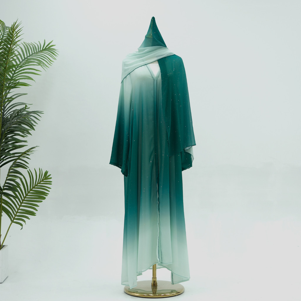 3 Piece Dubai Luxury Shiny Gradient Color Abaya Open Muslim Dresses with Scarf Chiffon Modest Robe Khimar Islamic Caftan