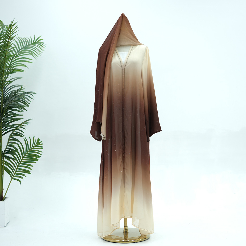 3 Piece Dubai Luxury Shiny Gradient Color Abaya Open Muslim Dresses with Scarf Chiffon Modest Robe Khimar Islamic Caftan