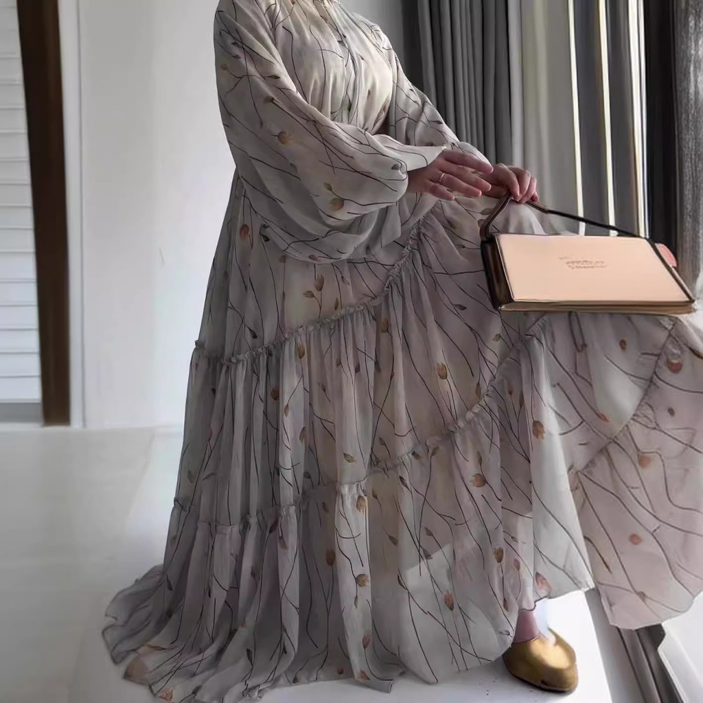 Women Dress Long Dresses A Line Casual Puff Full Sleeve Round Neck Maxi Lace Up Tight Waist Print Floral Elegant Splice