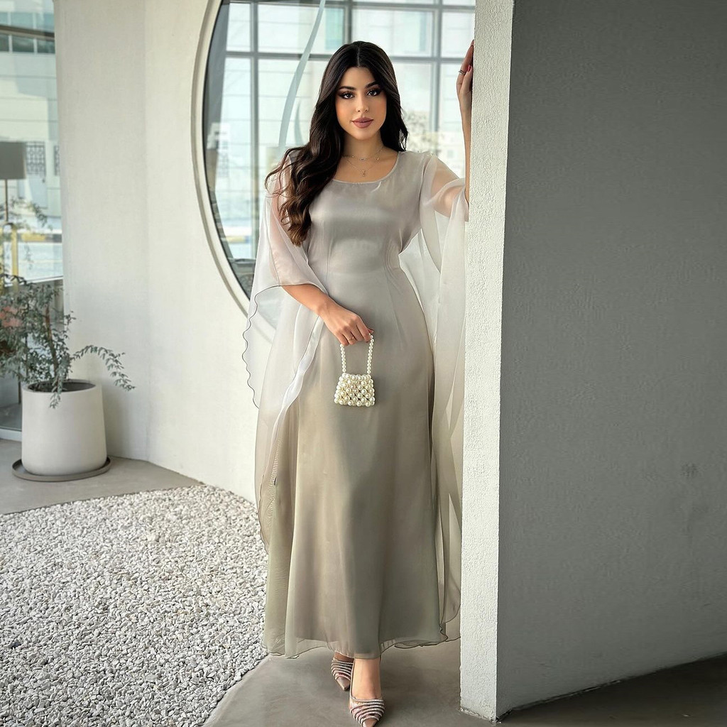 Raya Arab Satin Muslim Party Dress for Women Bat Sleeve Abaya Long Dresses Malayu Kaftan Ramadan Gown Robe