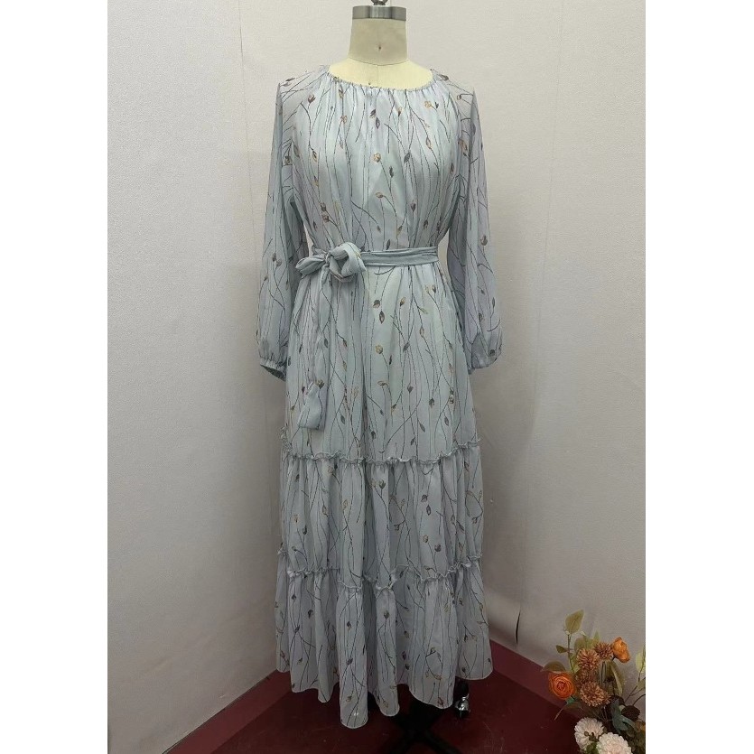 Women Dress Long Dresses A Line Casual Puff Full Sleeve Round Neck Maxi Lace Up Tight Waist Print Floral Elegant Splice