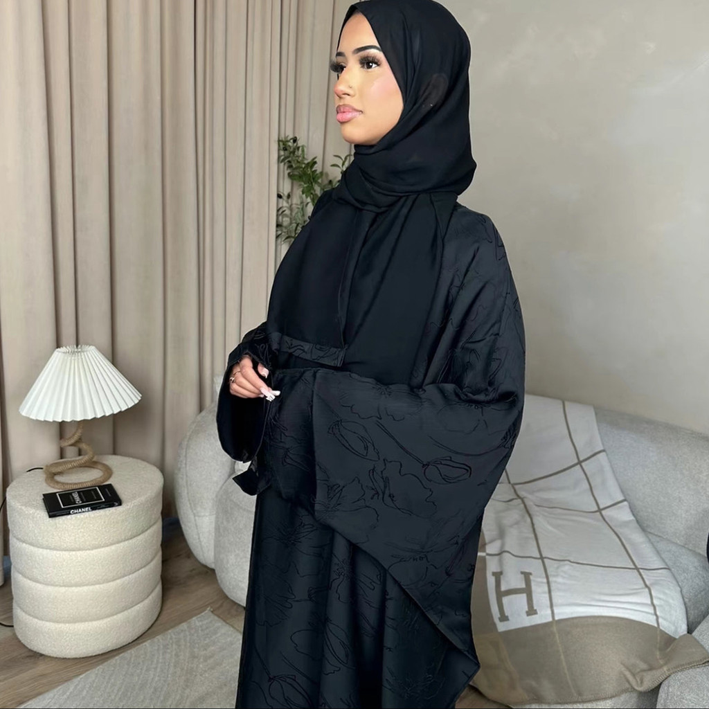 Closed Abaya Dress Dubai Luxury Muslim Hijab Dress 3D Jacquard Satin Black Abayas for Women Kaftan Malay Islamic
