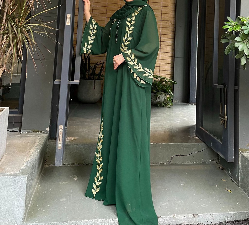 Raya abaya Dubai Türkiye Fashion Street Chiffon Round Neck Plant Pattern Embroidery Jubah - detail 2