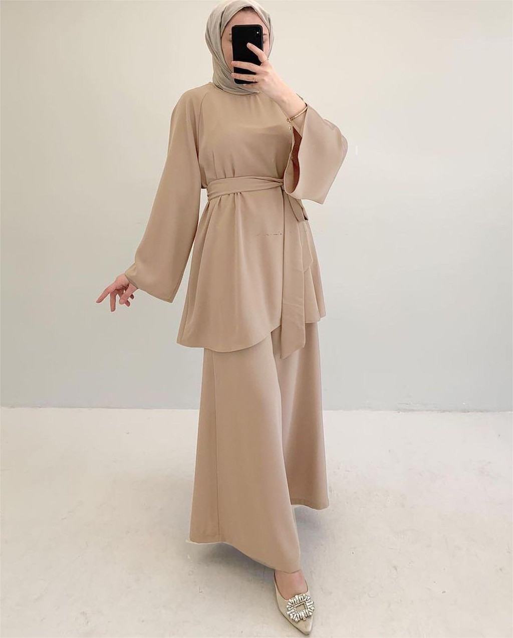 Raya Muslim Two Piece Set Islam Women Lace Up Shirt Wide Leg Pants Suits Ramadan Outfits Modest Abayas Ensembles - detail 3