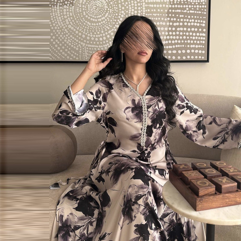 Ramadan Muslim Women Dresses Abaya V Neck Diamond Print Party Long Dress Belt Kaftan Vestidos Dubai Robe - detail 4