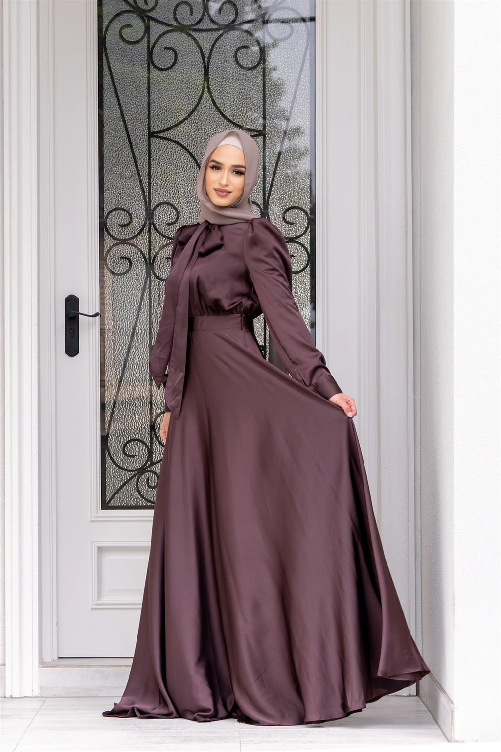 Elegant Satin Dress for Women Muslim Fashion Abaya Hijab Dubai  Arabic Kaftan Robe Female Islamic Clothing - detail 6