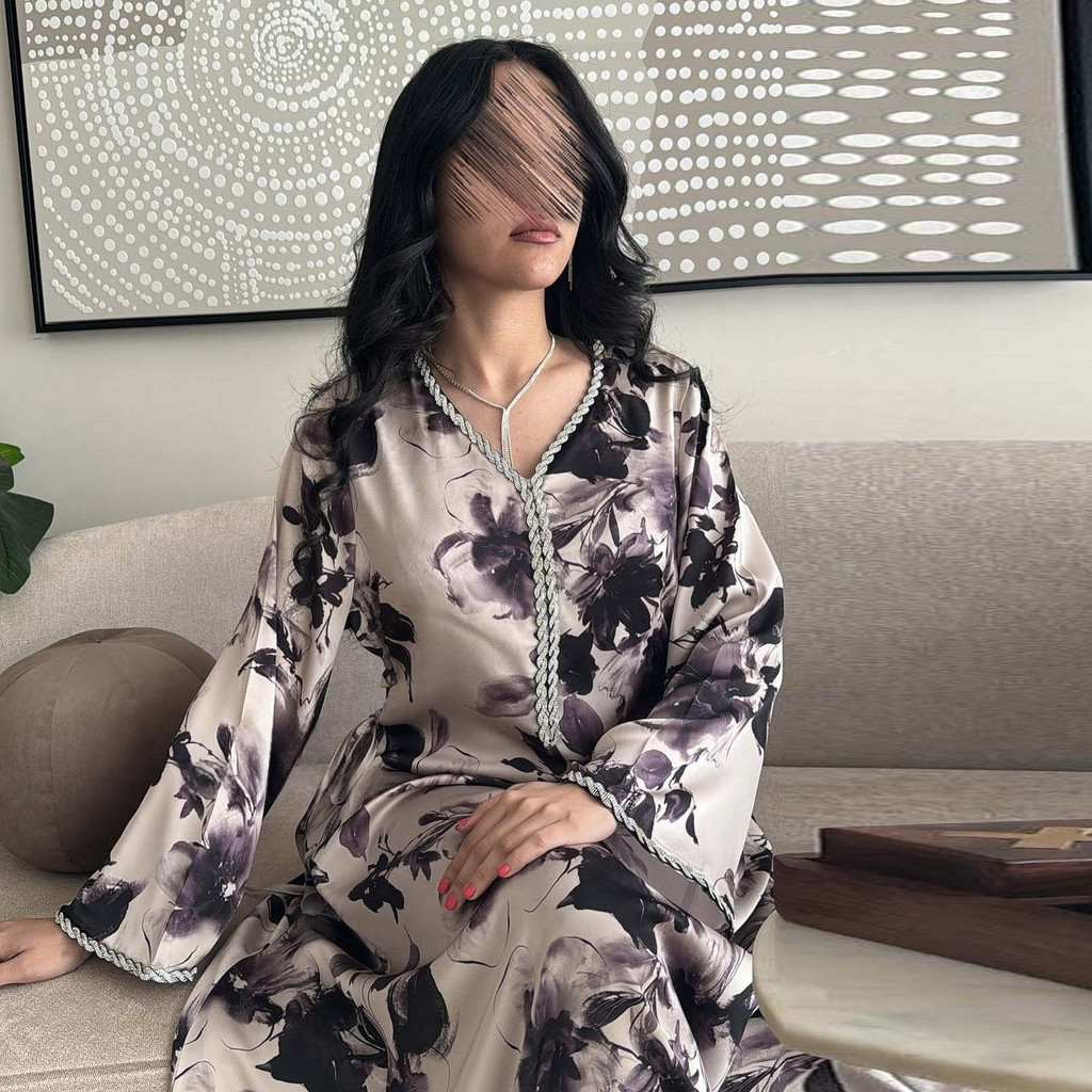 Ramadan Muslim Women Dresses Abaya V Neck Diamond Print Party Long Dress Belt Kaftan Vestidos Dubai Robe - detail 1