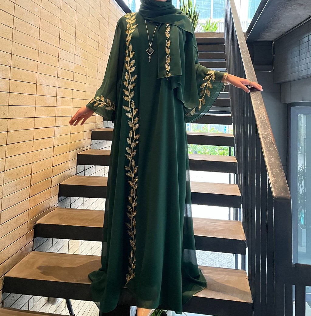 Raya abaya Dubai Türkiye Fashion Street Chiffon Round Neck Plant Pattern Embroidery Jubah - detail 3