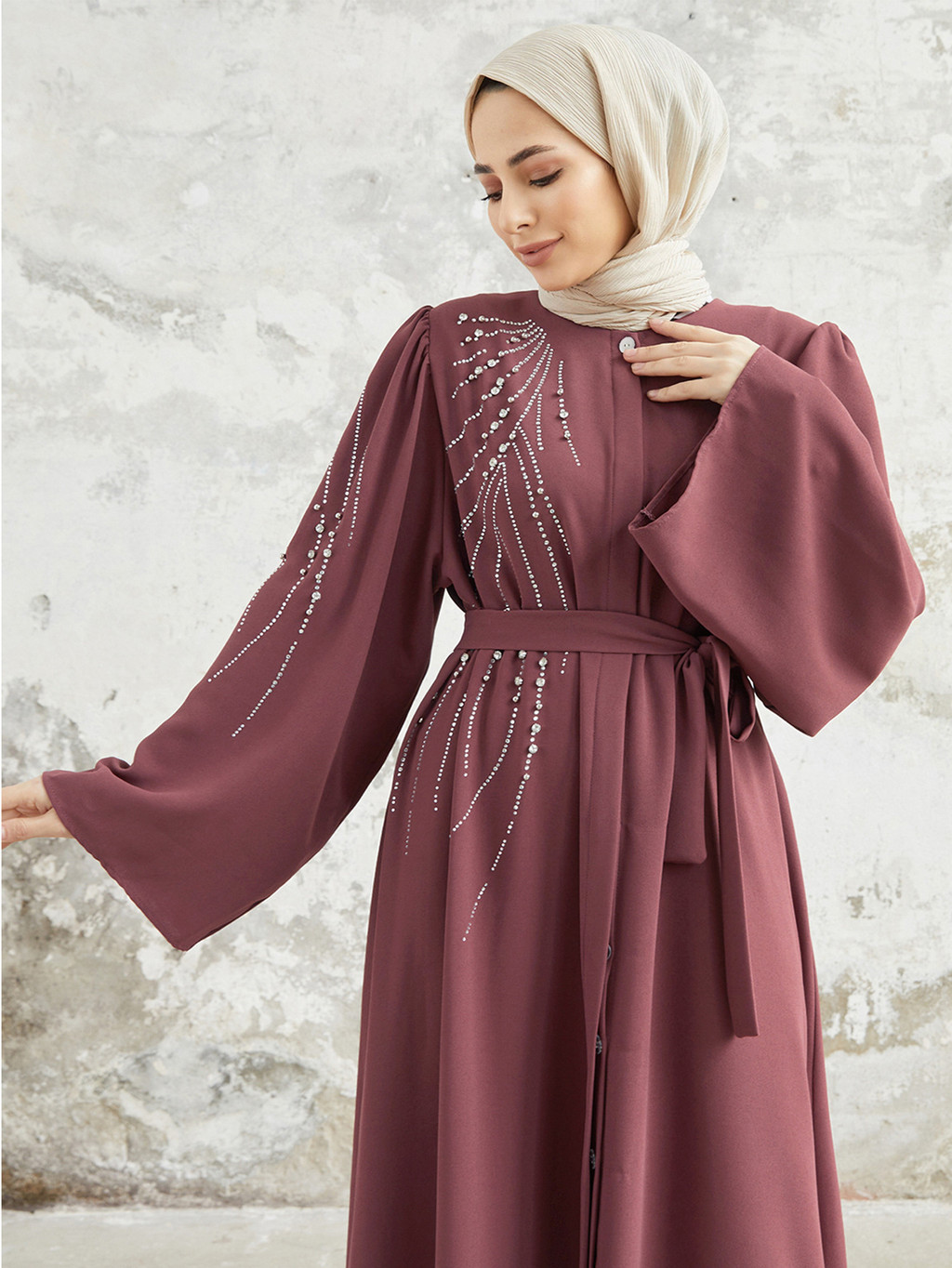 Raya Dubai Diamonds Abaya Kaftan Muslim Women Long Sleeve Maxi Dress Modest Islam Musulman - detail 3
