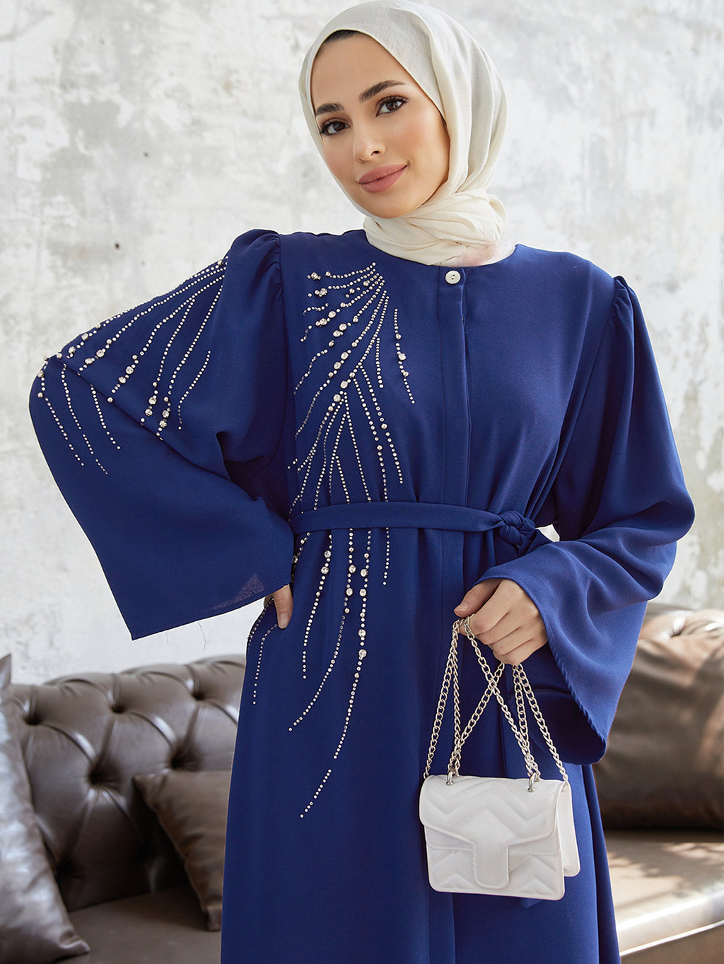 Raya Dubai Diamonds Abaya Kaftan Muslim Women Long Sleeve Maxi Dress Modest Islam Musulman - detail 9
