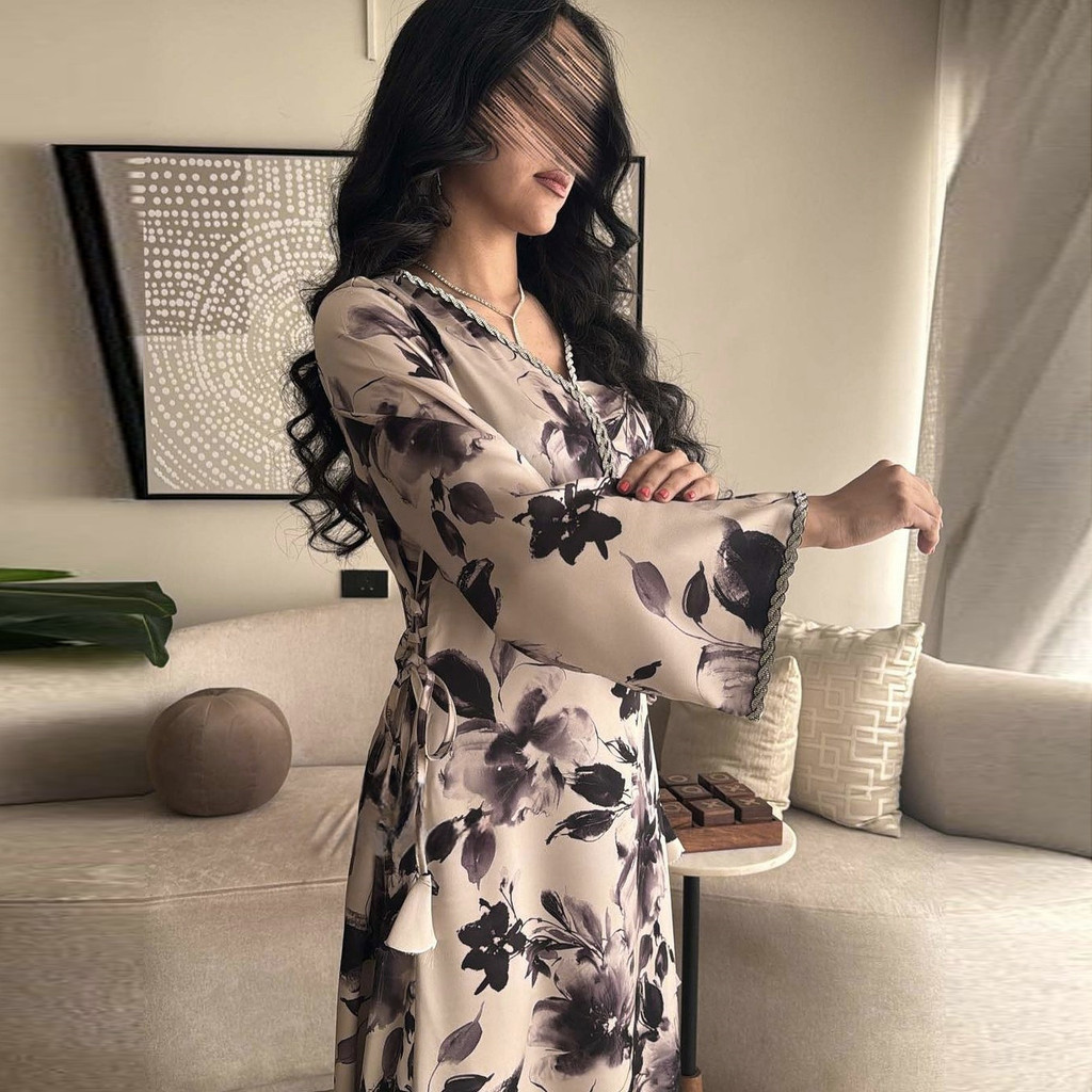 Ramadan Muslim Women Dresses Abaya V Neck Diamond Print Party Long Dress Belt Kaftan Vestidos Dubai Robe - detail 3