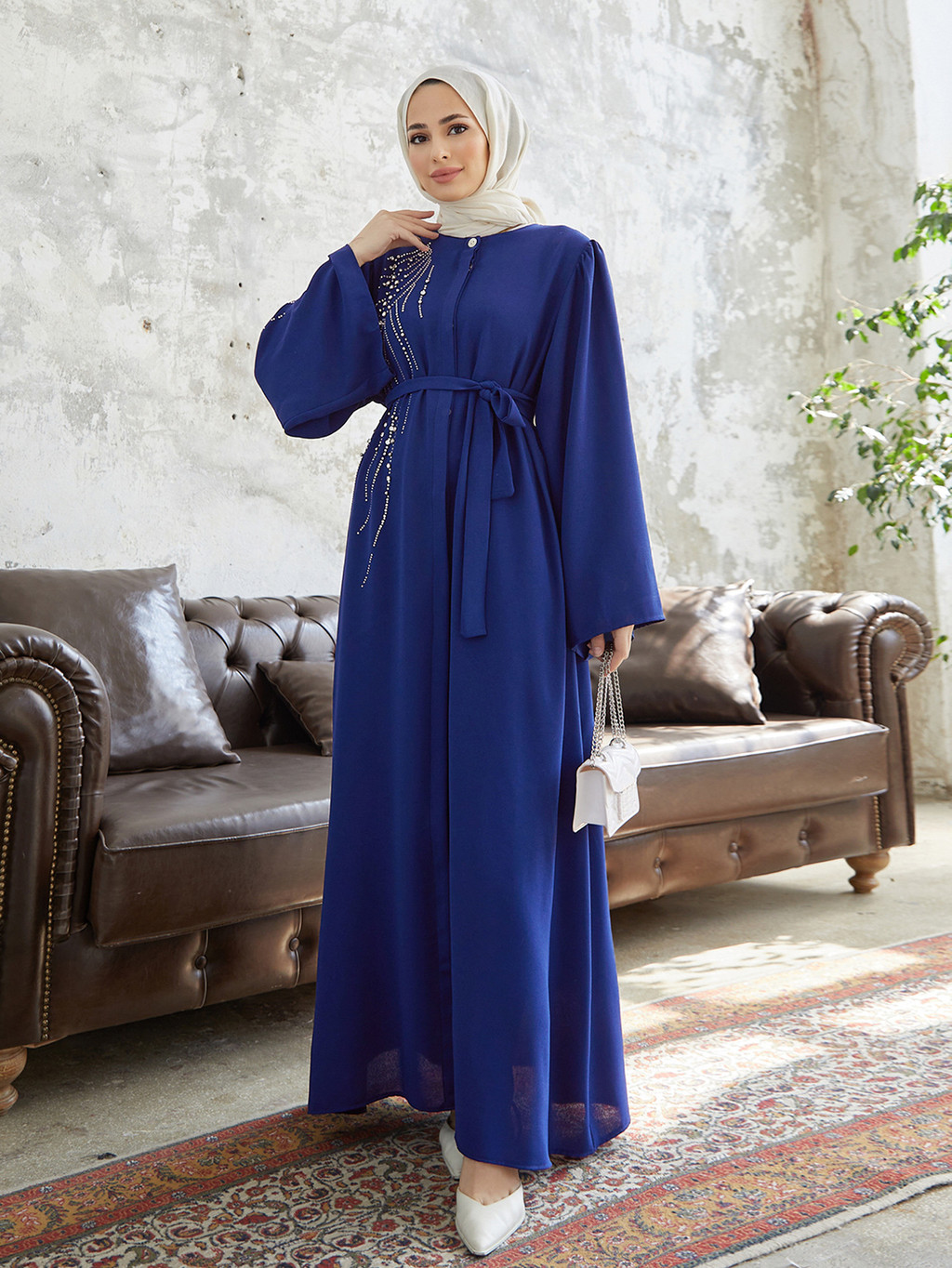 Raya Dubai Diamonds Abaya Kaftan Muslim Women Long Sleeve Maxi Dress Modest Islam Musulman - detail 5