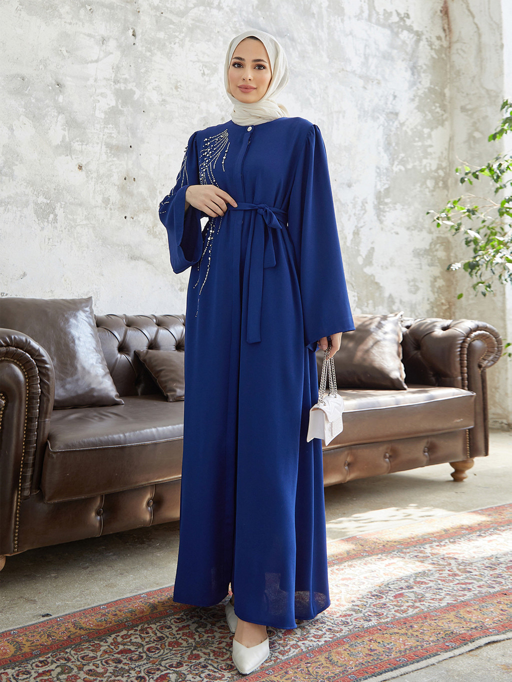 Raya Dubai Diamonds Abaya Kaftan Muslim Women Long Sleeve Maxi Dress Modest Islam Musulman - detail 8