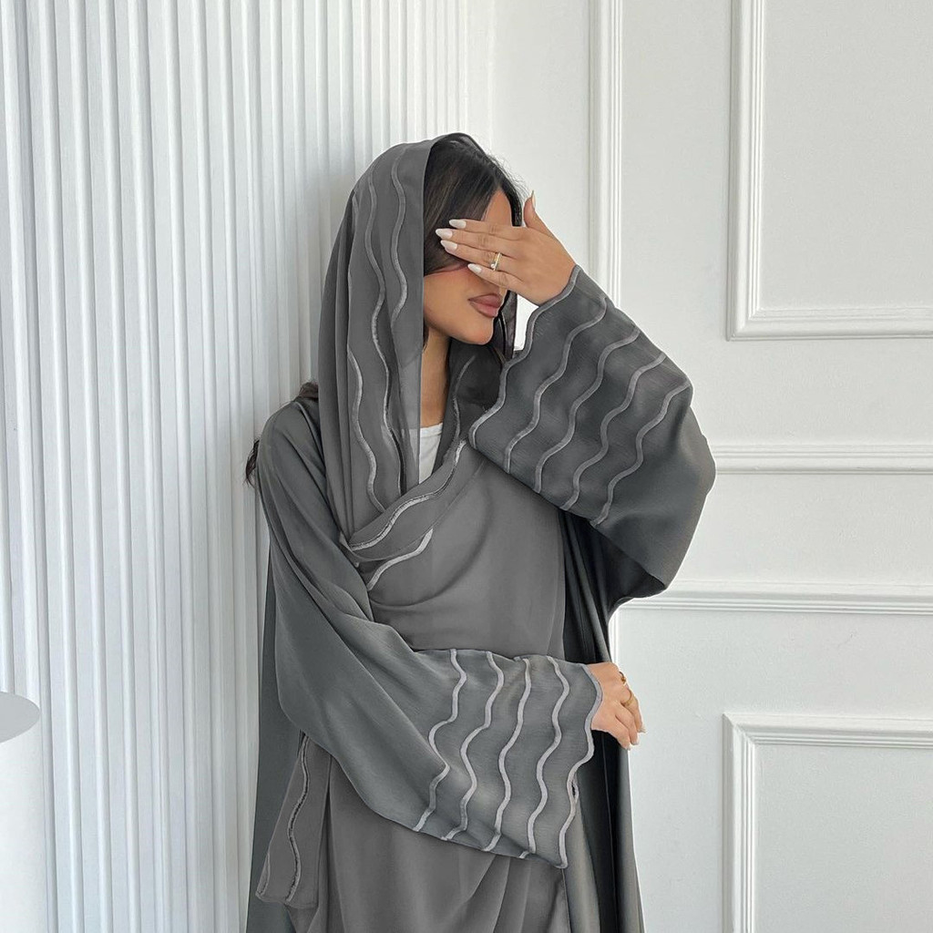 Ramadan Women Gray Black Dubai Khimar Abaya Islam Muslim Kimono Hijab Dress Set Kebaya Kaftan Djellaba Robe - detail 5