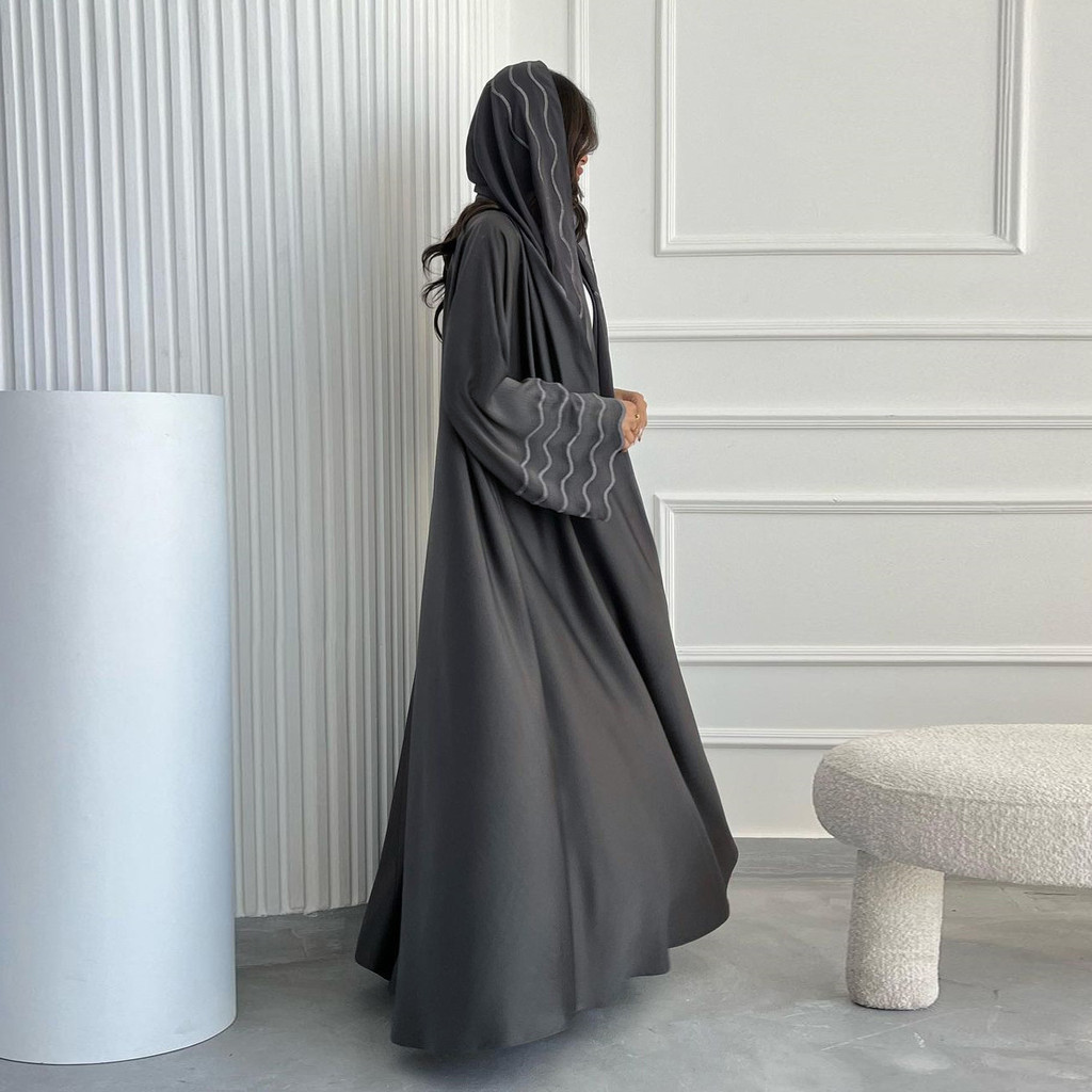 Ramadan Women Gray Black Dubai Khimar Abaya Islam Muslim Kimono Hijab Dress Set Kebaya Kaftan Djellaba Robe - detail 2
