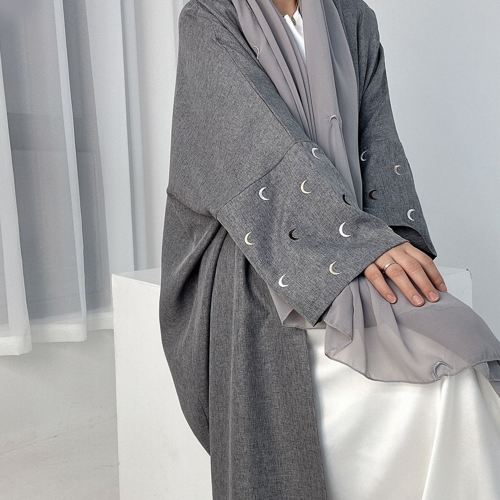 Moon Embroidery Open Abaya New Luxury Kimono Coat and Hijab Muslim Sets for Women Islam Retro Modest Clothing for Party - detail 3