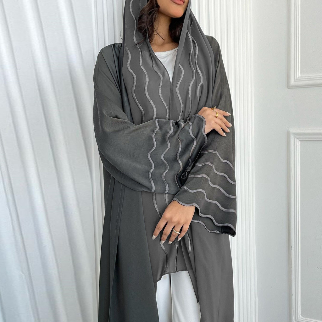 Ramadan Women Gray Black Dubai Khimar Abaya Islam Muslim Kimono Hijab Dress Set Kebaya Kaftan Djellaba Robe - detail 4