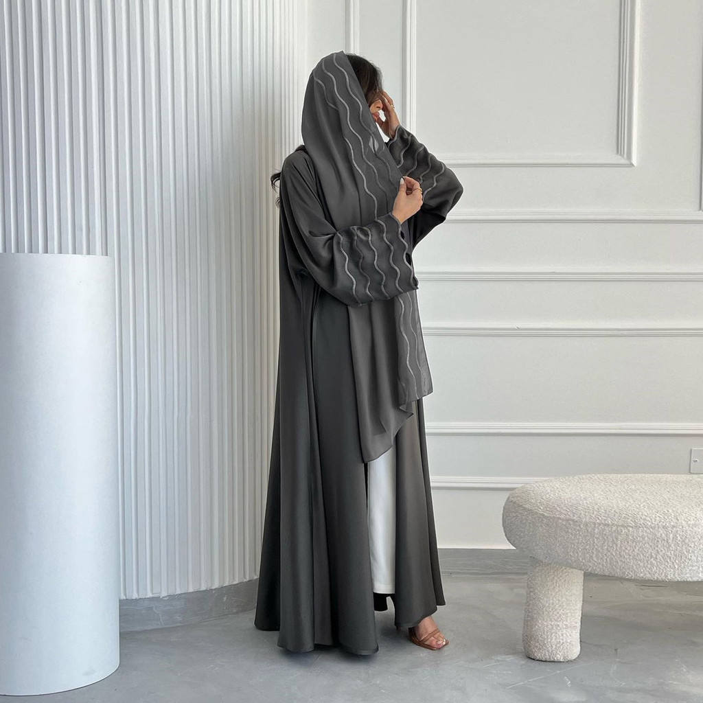 Ramadan Women Gray Black Dubai Khimar Abaya Islam Muslim Kimono Hijab Dress Set Kebaya Kaftan Djellaba Robe - detail 3