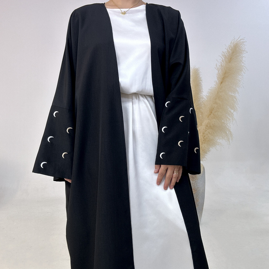 Moon Embroidery Open Abaya New Luxury Kimono Coat and Hijab Muslim Sets for Women Islam Retro Modest Clothing for Party - detail 8
