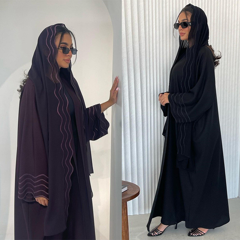 Ramadan Women Gray Black Dubai Khimar Abaya Islam Muslim Kimono Hijab Dress Set Kebaya Kaftan Djellaba Robe - detail 6