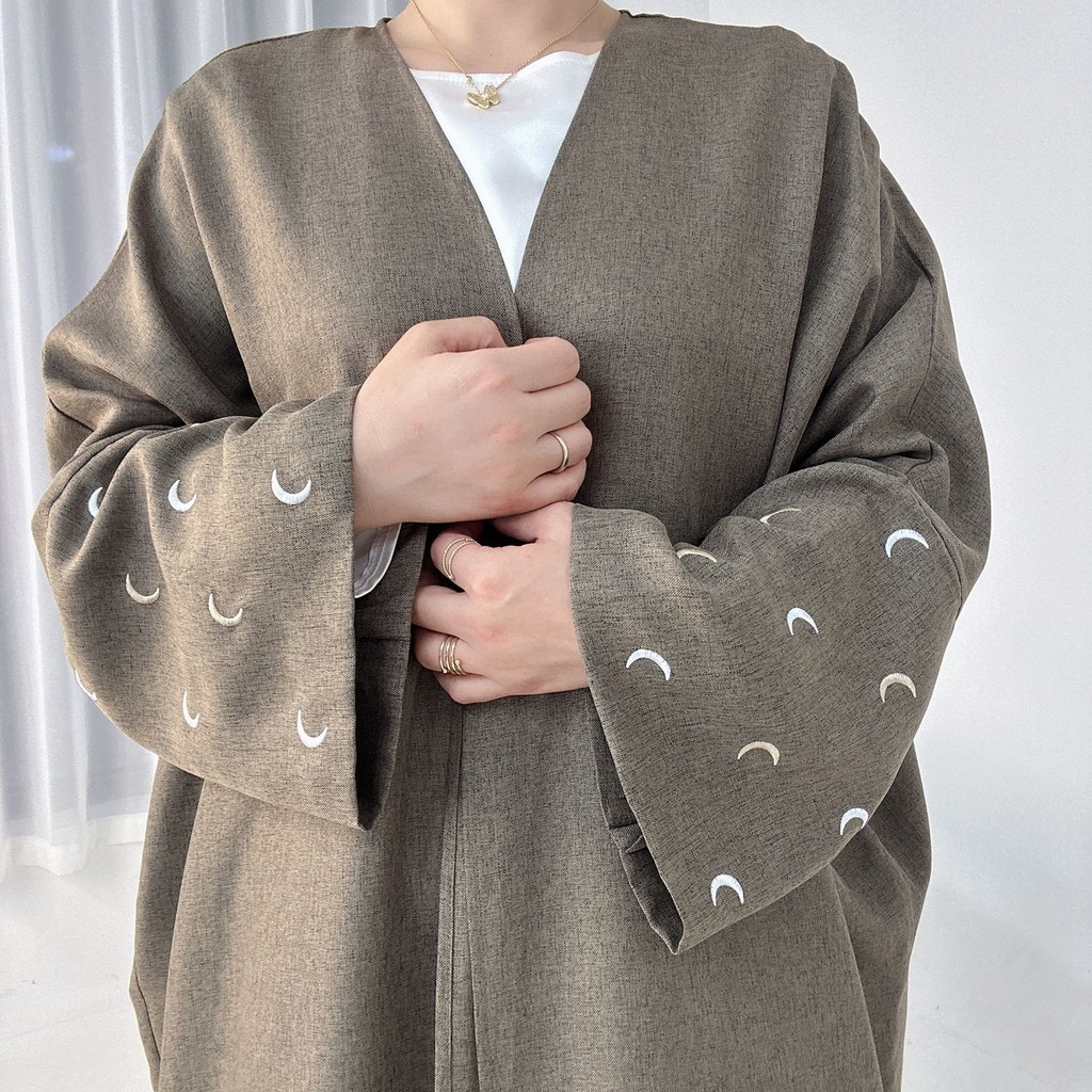 Moon Embroidery Open Abaya New Luxury Kimono Coat and Hijab Muslim Sets for Women Islam Retro Modest Clothing for Party - detail 6