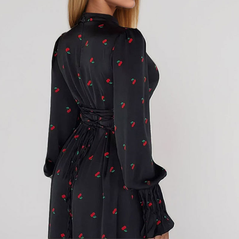 Elegant Black Print Dresses For Women Fashion O-Neck Long Sleeve Dresses Casual New High Waist Lace-Up Ankle - detail 2
