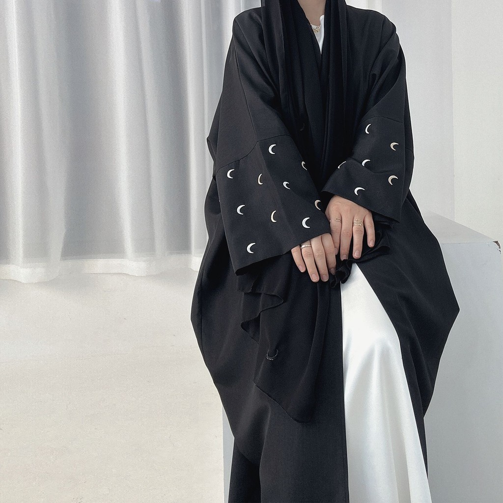 Moon Embroidery Open Abaya New Luxury Kimono Coat and Hijab Muslim Sets for Women Islam Retro Modest Clothing for Party - detail 12