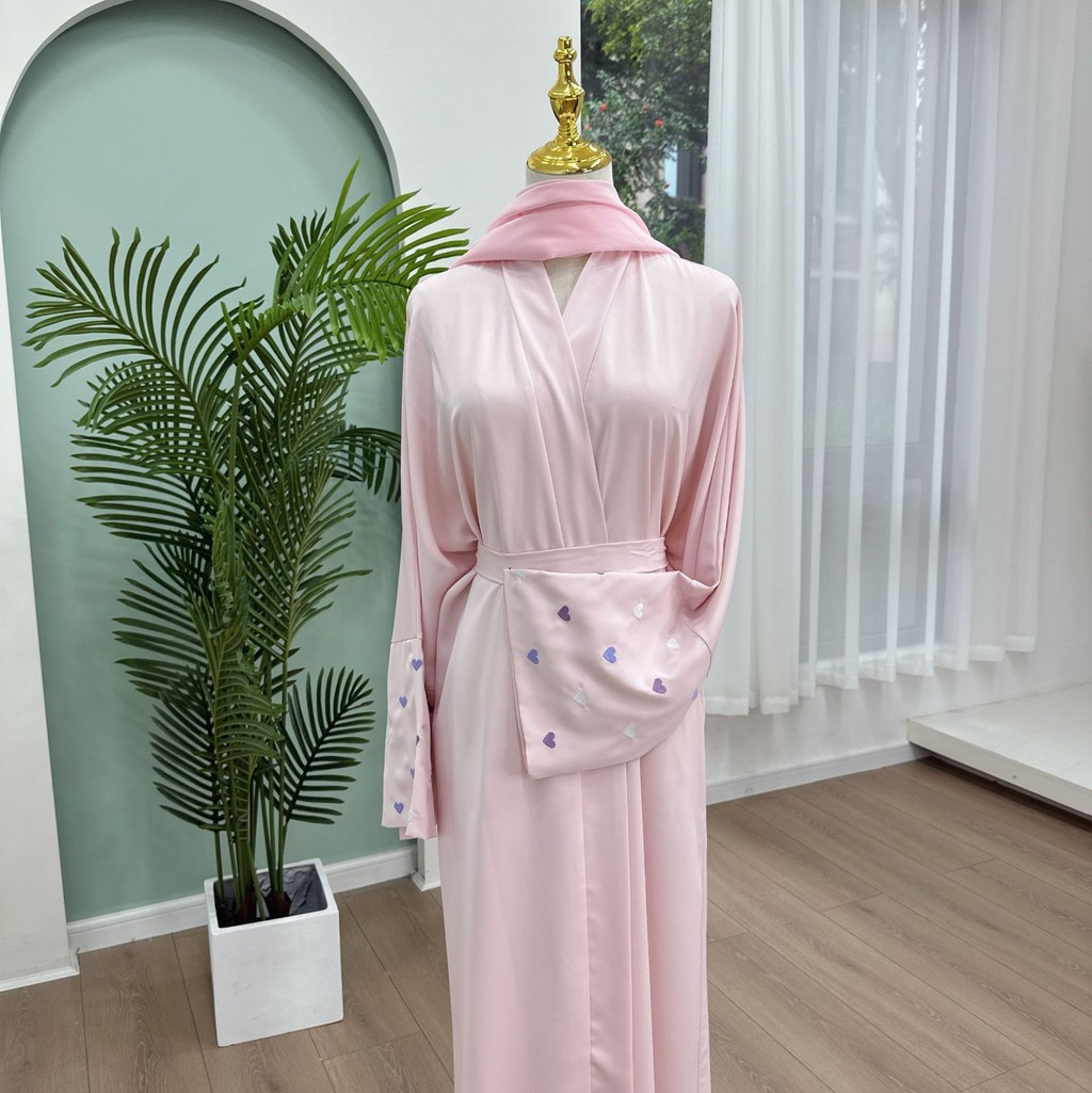 Love Heart Embroidery Muslim Abaya for Women Raya Cardigan Ramadan Abayas Kaftan Islam Dubai Arab Long Robe Jubah - detail 6