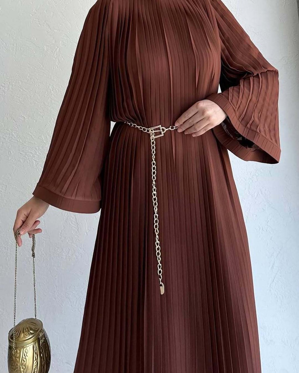 Women Long Sleeve Pleated Dresses Vintage Solid Muslim Abaya Dress Elegant Casual Loose Sundress Islamic Clothing - detail 9