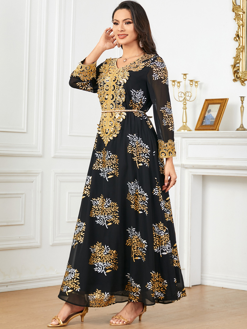Summer Middle East Arab New Floral Gold Plated Women Dresses Party Dresses Malayu Kaftan with Customized Belt - detail 1