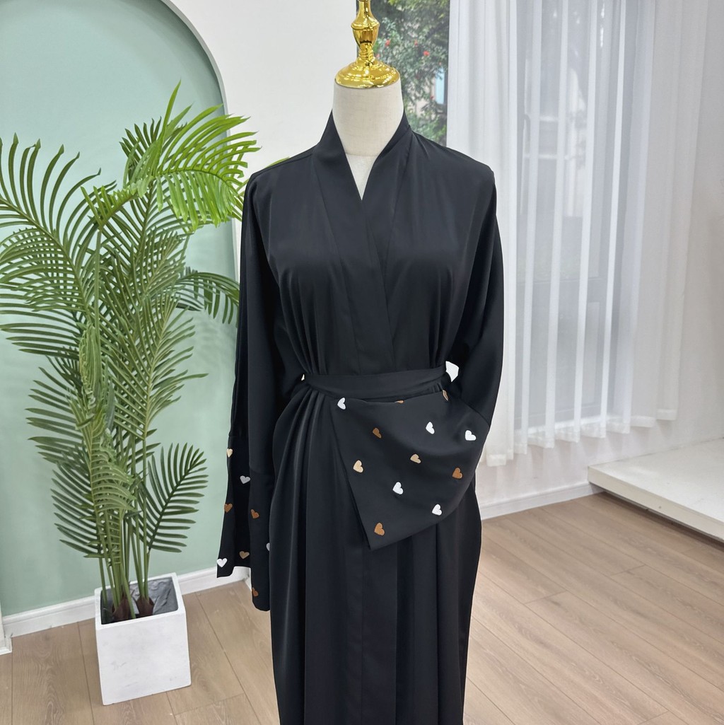 Love Heart Embroidery Muslim Abaya for Women Raya Cardigan Ramadan Abayas Kaftan Islam Dubai Arab Long Robe Jubah - detail 9