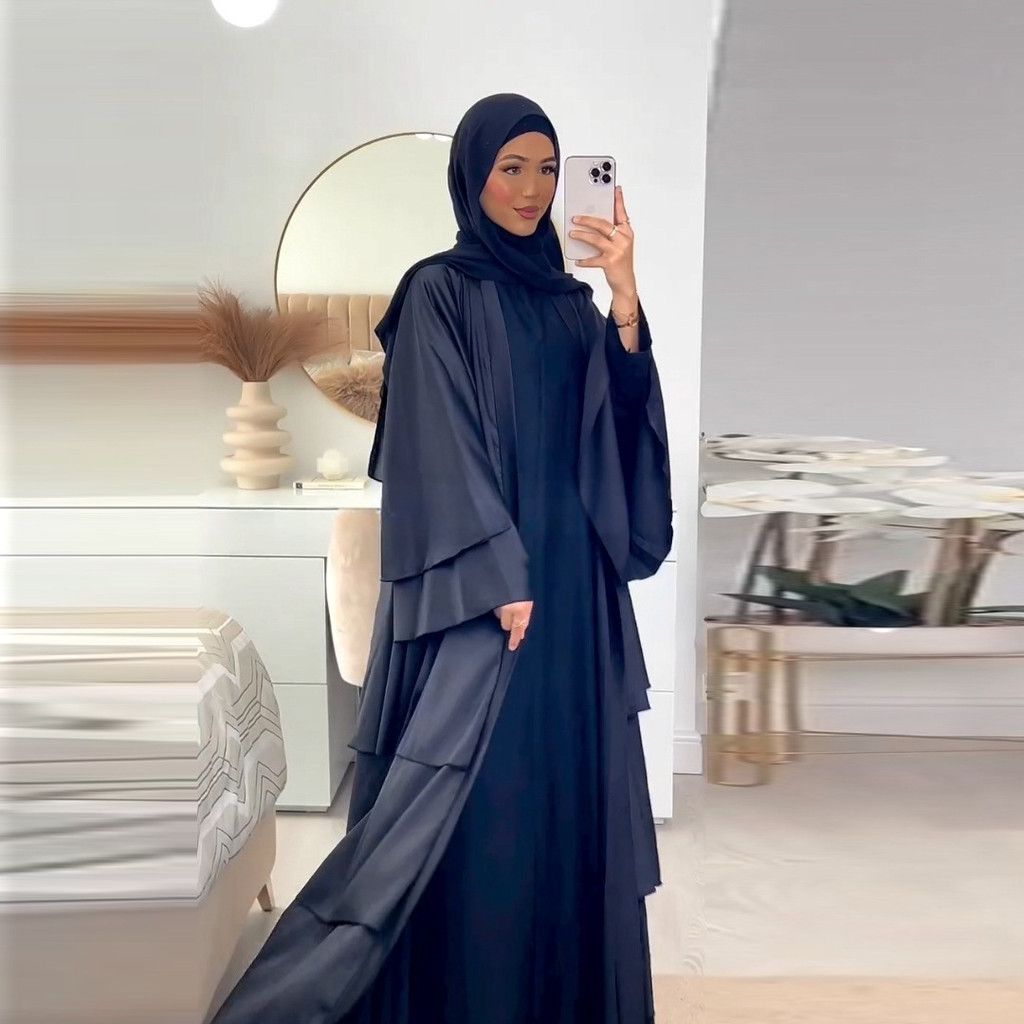 Raya Abayas for Women Muslim Satin 3 Layers Ramadan Robe Cake Dress Ramadan Caftan Long Dresses Cardigan Jubah - detail 3