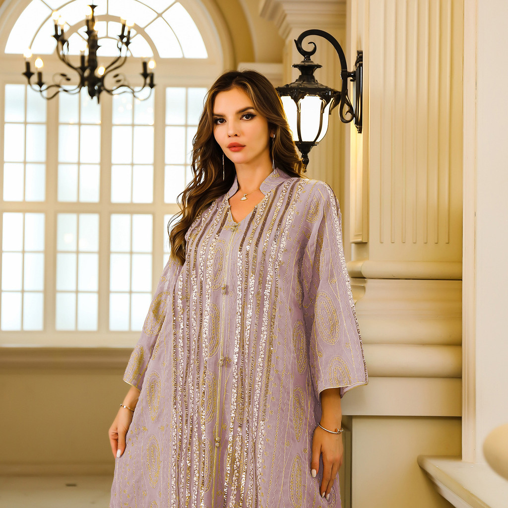 Fashion Sequin Gold Stamping Abaya V-Neck Long Sleeve Loose Dress Malay Islamic Arab Elegant Casual Clothin - detail 7